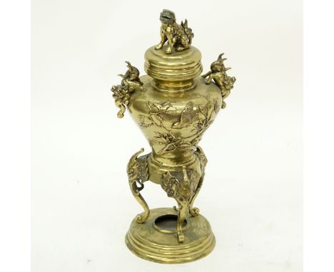 Antique Japanese Gilt Bronze High Standing Incense Burner with Foo Dog Finial. Raised birds and flowers relief, with figural 