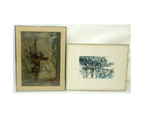 Grouping of Two (2) Mixed Media Abstract Compositions on Paper, Unsigned. One artwork has a tear to top right corner and crea