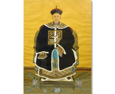 Large Antique Chinese Qing Dynasty Style Watercolor on Silk Scroll Painting, Seated Emperor. Water stains to border otherwise