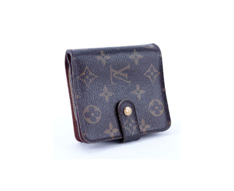 Louis Vuitton Brown Monogram Coated Canvas Compact Zip Wallet. Golden brass hardware, brown interior with zipper and slot poc