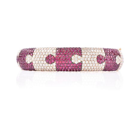 Contemporary Design 5.64 Carat Pave Set Round Cut Ruby, 5.08 Carat Round Cut Diamond and 18 Karat Rose Gold Hinged Bangle Bra