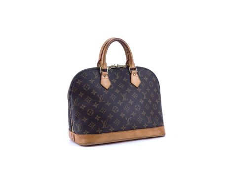 Louis Vuitton Brown Monogram Coated Canvas Alma PM Tote. Golden brass hardware, vachetta straps. Brown canvas interior with s
