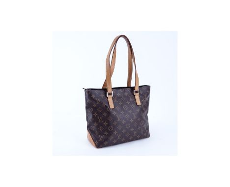 Louis Vuitton Brown Monogram Coated Canvas Cabas Piano Bag. Golden brass hardware, brown interior with zipper and patch pocke