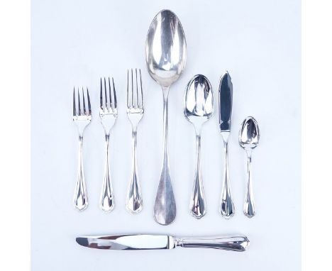 Eighty Five (85) Piece Christofle "Spatours" Silver Plate Flatware with Associated Serving Spoon. Includes: 12 knives 9", 12 