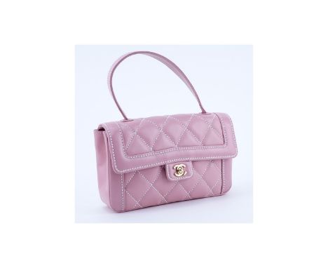 Chanel Light Pink Thick Quilted Leather Top Handle Rectangular Bag. Gold tone hardware, the interior of white monogram fabric