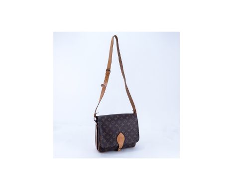 Louis Vuitton Brown Monogram Coated Canvas Cartouchiere GM Shoulder Bag. Golden brass hardware, brown interior with 2 compart