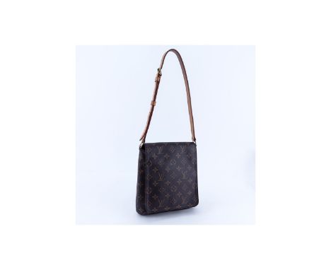 Louis Vuitton Brown Monogram Coated Canvas Musette Salsa Shoulder Bag. Golden brass hardware, brown interior with patch pocke