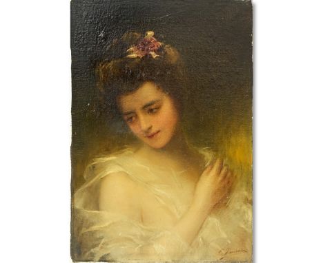Antique Oil on Canvas Laid on Cardboard, Portrait of a Young Girl, Lower Right. Heavy craquelure to surface, yellowing to var