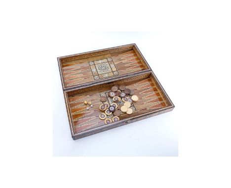 Early Persian Mosaic Wood and Mother of Pearl Inlaid Backgammon Case with Game Pieces. Typical rubbing to case, basic wear an