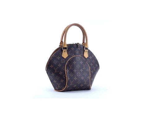 Louis Vuitton Brown Monogram Coated Canvas Ellipse PM Bag. Golden brass hardware, vachetta straps. Interior of brown canvas w