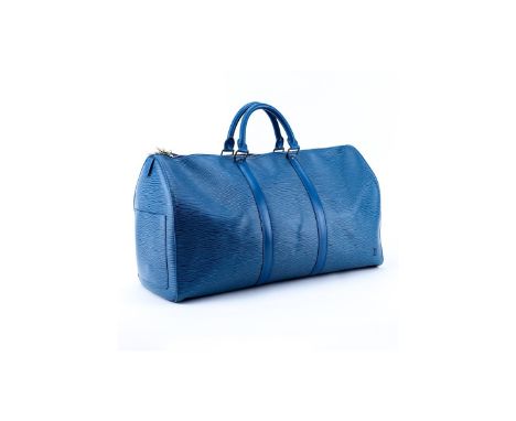Louis Vuitton Blue Epi Leather Keepall 50 Travel Bag. Golden brass hardware, leather interior, luggage tag, handle strap, cad