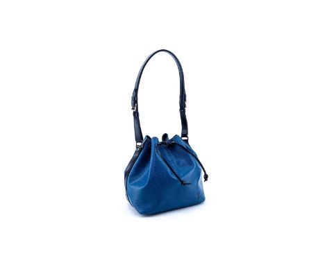 Louis Vuitton Blue/Black Epi Leather Noe Bicolor PM Bag. Golden brass hardware, blue suede interior, black strap and drawstri
