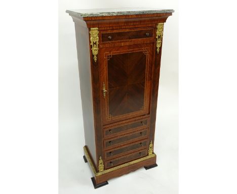 Tall Mid Century Louis XVI Style Gilt Brass Inlaid Secretary Desk with Marble Top. Large center door with four sliding doors,