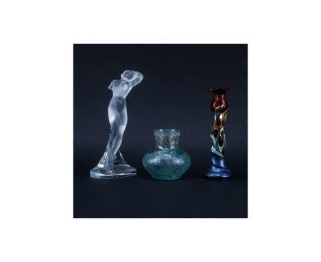 Group of Three (3): Lalique Nude Figurine, Zsolnay Eosin Tulip Pottery Candlestick, and Cameo Glass Vase. All signed appropri