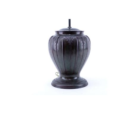 Chinese Art Nouveau Patinated Bronze Lamp. Signed. Typical rubbing to surface. Measures 27" H x 8-1/2" W. Shipping: Third par