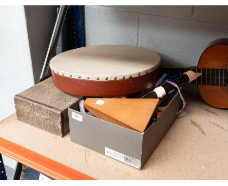 Cased Clarinet and quantity of other Instruments, including Irish drum, panpipes, recorders, tin whistles etc. Spanish acoust