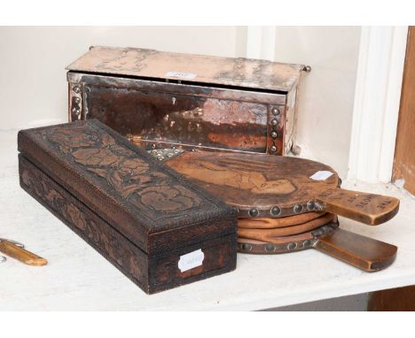 An Arts and Crafts Metal Box, cricket themed poker work oak bellows and a glove box (3)
