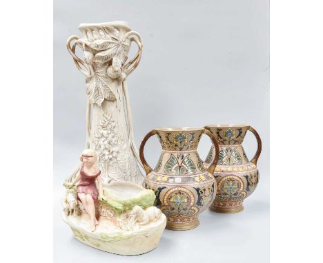 A Pair of Sarreguemines Secessionist Twin Handled Vases, together with a Royal Dux Vase and similar posy bowl (4)Sarreguemine
