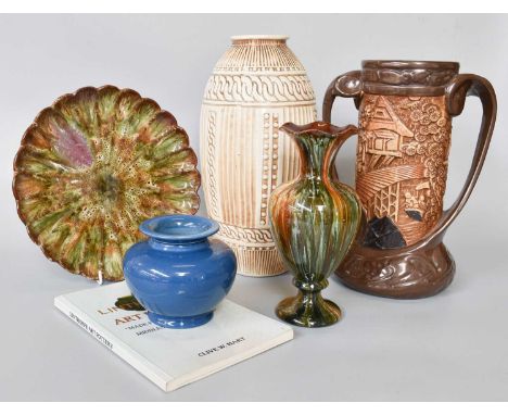 Bretby Pottery; A twin handled Chinoiserie decorated vase, blue glaze vase, drip glazed vase and another, together with a Lin