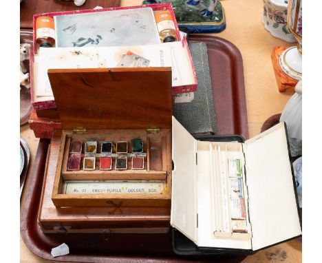 A Reeves' &amp; Sons Mahongany Water Colour Box, together with a Reeves' watercolour Stencil set, a Winsor &amp; Newton photo