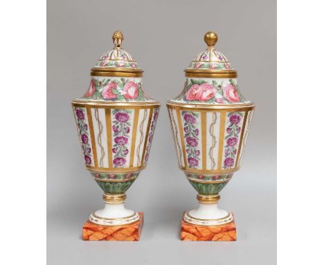 A Pair of 19th Century Floral Painted Paris Porcelain Vases and Covers, with gilt borders on a square marble painted plinth b