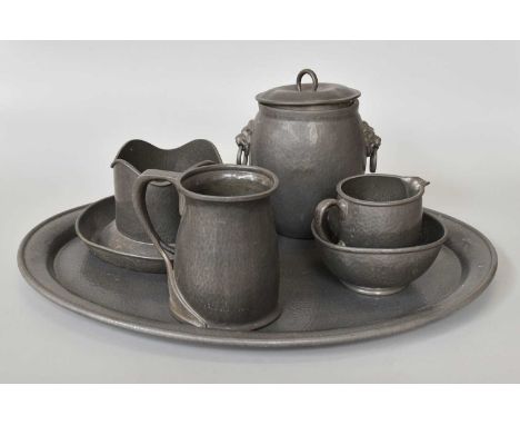 Tudric pewter tray and other items, with planished finish