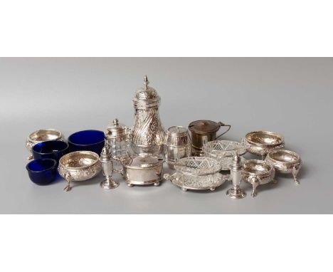 A Collection of Assorted Silver and Silver Plate Condiment-Items, including a Victorian silver pepperette in the form of a Ge