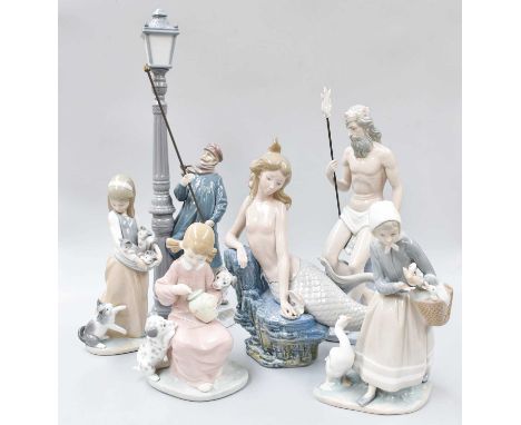 Lladro Figures including Neptune, Mermaid, Lamplighter, with three others (6)Neptune - Trident with a repaired tineCat - repa