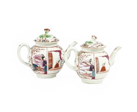 A Worcester Porcelain Teapot and Cover, circa 1770, of small proportions, painted in polychrome enamels with Chinese figures 