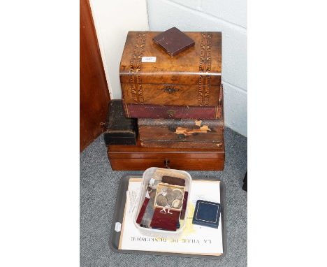 19th Century Boxes, including a jewellery box (fully fitted), a Tunbridge inlaid walnut box, a gilt tooled Moroccan leather f