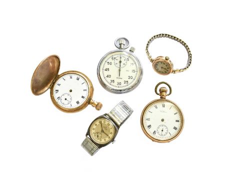 A Lady's 9 Carat Gold Wristwatch, A Silver Smiths DeLuxe Wristwatch, Two Plated Pocket Watches and A Stopwatch (5)
