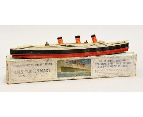 Chad Valley Take To Pieces RMS Queen Mary, (G, a little warped to uper decks, with Key Chart. box F-G, faded)