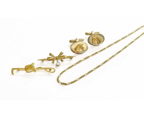 A Small Quantity of Jewellery, comprising of a 9 carat gold brooch, modelled as a crop and a horses head, length 5.0cm; a 9 c