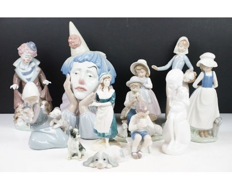 Collection of porcelain figures to include Lladro &amp; Nao examples, featuring Lladro Jester Sad Clown (damaged finger), Lla