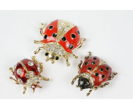 Three Large Gilt Enamel and Crystal Brooches in the form of Ladybirds, largest 4cm long