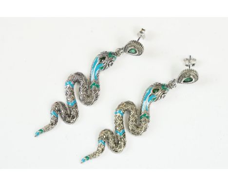 A pair of ladies silver and enamel drop earrings in the form of snakes, marked 925 