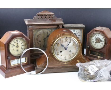 Collection of late 19th / early 20th century wooden mantel clocks and clock parts / movements, featuring a mahogany Art Deco 