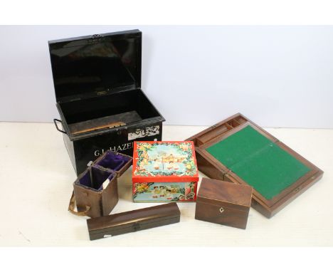 Collection of metal &amp; wooden boxes, 19th century onwards, to include a Victorian oak writing box (35cm wide), Holmes &amp