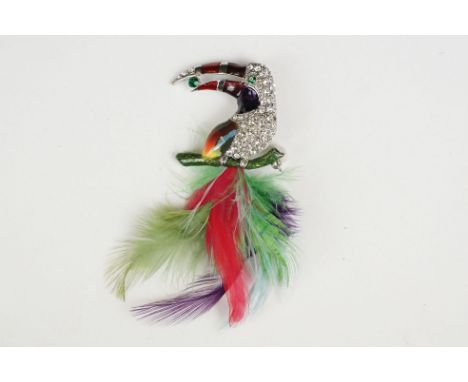 Large Enamel and Crystal Brooch in the form of a Toucan with feathers, 9cm high 
