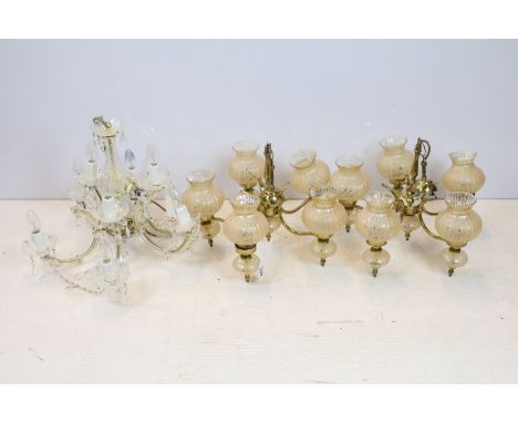 Pair of brass five branch ceiling light fittings with bubbled effect amber glass shades (light fittings approx 40cm wide), to