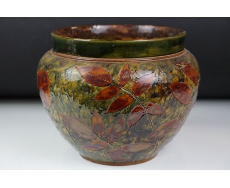 Doulton Lambeth planter, incised with leaf decoration, impressed ' Doulton Lambeth England ' and number ' 523 ' and indistinc