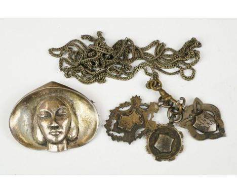 Silver portrait brooch and a chatelaine with silver medallions&nbsp;