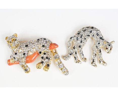 Two Large Enamel and Crystal Brooches in the form of Leopards, largest 8cm long marked LP 