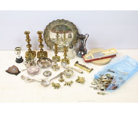 Mixed metal ware to include two pairs of brass candlesticks, silver plated tray with embossed, decoration, silver plated flat