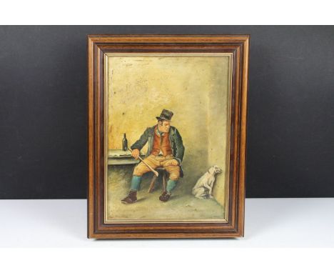 19th century English School, portrait of a man with a cowering dog, oil on board, signed indistinctly lower left, possibly Pe