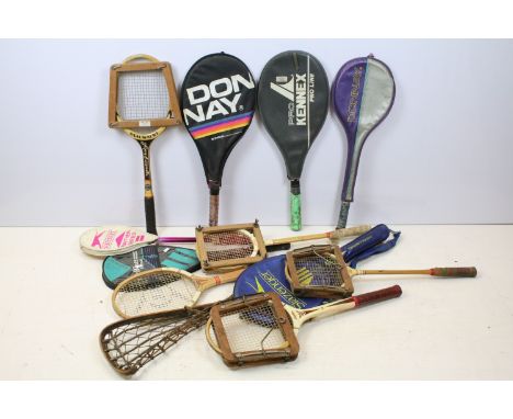 Collection of tennis rackets to include vintage &amp; contemporary examples (featuring Dunlop, Slazenger Jupiter, etc), plus 