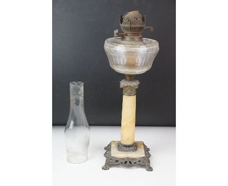 Late 19th / early 20th century alabaster column oil lamp with faceted glass font &amp; clear glass chimney, raised on a pierc