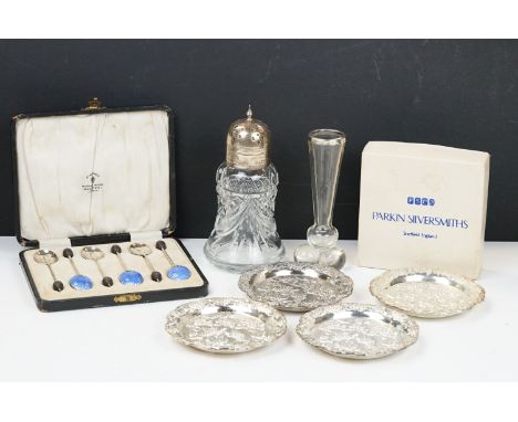 A cased set of hallmarked sterling silver and enamel coffee bean spoons together a silver mounted bud vase, silver lidded sug