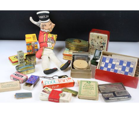 Group of vintage tins &amp; boxes, featuring Sharps toffee, Sure Shield throat lozenges, Ever Ready razor in Bakelite case, F