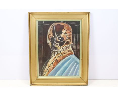 Oil on canvas, gilt framed abstract portrait of a masked figure, 59 x 43.5cm 